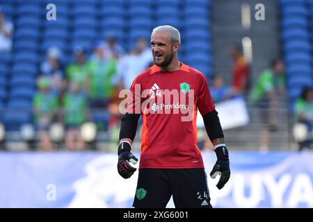 Seattle, WA, États-Unis. 06 juillet 2024. Le gardien de but Stefan Frei (24 ans) des Seattle Sounders avant le match de football MLS entre les Seattle Sounders et la New England Revolution à Seattle, WA. Steve Faber/CSM/Alamy Live News Banque D'Images