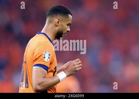 Berlin, Allemagne. 6 juillet 2024. Cody Gakpo, des pays-Bas, réagit lors du match de quart de finale de l'UEFA Euro 2024 entre les pays-Bas et T¨¹rkiye à Berlin, en Allemagne, le 6 juillet 2024. Crédit : Meng Dingbo/Xinhua/Alamy Live News Banque D'Images