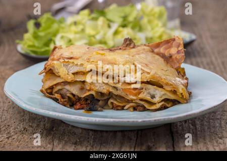 Lasagnes avec salade sur bois sombre Banque D'Images