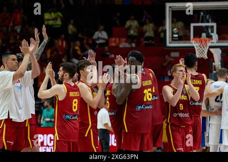 Valencia, Espagne. 06 juillet 2024. Équipe d'Espagne vue en action pendant le match entre la Finlande et l'Espagne dans le tournoi de qualification olympique FIBA Espagne 2024 phase de groupes au tribunal municipal de Fuente de San Luis. Crédit : SOPA images Limited/Alamy Live News Banque D'Images