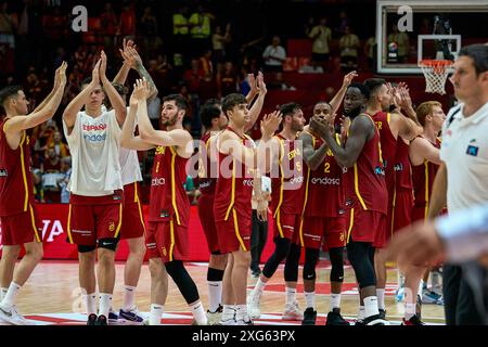 Valencia, Espagne. 06 juillet 2024. Équipe d'Espagne vue en action pendant le match entre la Finlande et l'Espagne dans le tournoi de qualification olympique FIBA Espagne 2024 phase de groupes au tribunal municipal de Fuente de San Luis. Crédit : SOPA images Limited/Alamy Live News Banque D'Images