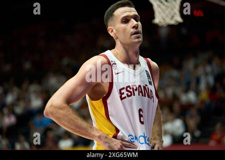 Valencia, Espagne. 4 juillet 2024. Xabi Lopez Arostegui de l'équipe espagnole vue en action pendant le match entre l'Espagne et l'Angola dans la phase de groupes du tournoi qualificatif olympique FIBA Espagne 2024 le 3 juillet 2024 au tribunal municipal de Fuente de San Luis (Valence, tournoi qualificatif olympique FIBA Espagne 2024 phase de groupes le 3 juillet 2024). Score final ; Espagne 89 - 81 Angola. Score final ; Espagne 89 - 81 Angola (crédit image : © German Vidal Ponce/SOPA images via ZUMA Press Wire) USAGE ÉDITORIAL SEULEMENT! Non destiné à UN USAGE commercial ! Banque D'Images