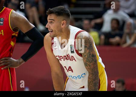 Valencia, Espagne. 4 juillet 2024. Willy Hernangomez de l'équipe d'Espagne vu en action pendant le match entre l'Espagne et l'Angola dans la phase de groupes du tournoi qualificatif olympique FIBA Espagne 2024 le 3 juillet 2024 au tribunal municipal de Fuente de San Luis (Valence, phase de groupes du tournoi qualificatif olympique FIBA Espagne 2024 le 3 juillet 2024). Score final ; Espagne 89 - 81 Angola. Score final ; Espagne 89 - 81 Angola (crédit image : © German Vidal Ponce/SOPA images via ZUMA Press Wire) USAGE ÉDITORIAL SEULEMENT! Non destiné à UN USAGE commercial ! Banque D'Images