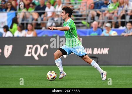 Seattle, WA, États-Unis. 06 juillet 2024. Milieu de terrain des Seattle Sounders Paul Rothrock (14 ans) lors du match de football MLS entre les Seattle Sounders et la New England Revolution à Seattle, WA. Steve Faber/CSM/Alamy Live News Banque D'Images