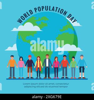 Journée mondiale de la population carte mondiale et personnes, concept de la Journée mondiale de la population, 11 juillet. Surpeuplé, surchargé, explosion de la population mondiale et famine Illustration de Vecteur