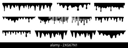 Peinture fondante noire. Gouttes éclaboussures et coups de pinceau goutte à goutte avec taches et fuites, icônes de pinceau de liquide sale. Ensemble isolé de vecteur. Différentes bordures Illustration de Vecteur