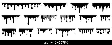 Peinture fondante noire. Gouttes éclaboussures et coups de pinceau goutte à goutte avec taches et fuites, icônes de pinceau de liquide sale. Ensemble isolé de vecteur. Différentes bordures Illustration de Vecteur