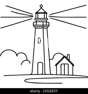 Dessin continu d'une ligne d'une tour de phare. Illustration simple de la tour de colline du château, illustration vectorielle d'art de ligne de côte de la mer Illustration de Vecteur