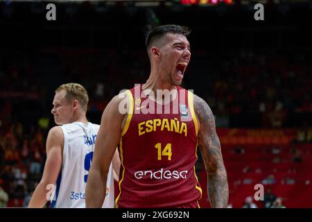 Valencia, Espagne. 06 juillet 2024. Willy Hernangomez de l'équipe d'Espagne vu en action pendant le match entre la Finlande et l'Espagne dans le tournoi de qualification olympique FIBA Espagne 2024 phase de groupes au tribunal municipal de Fuente de San Luis. (Photo par German Vidal Ponce/SOPA images/SIPA USA) crédit : SIPA USA/Alamy Live News Banque D'Images