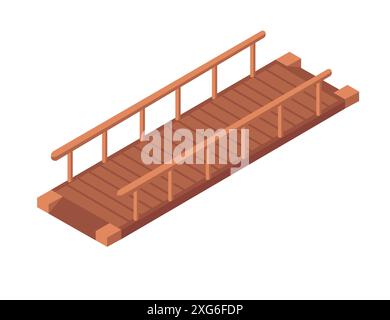 Pont en bois simple avec garde-corps. Pont lisse et plat construit à partir de planches de bois brun foncé. Illustration vectorielle de style isométrique isolé o Illustration de Vecteur