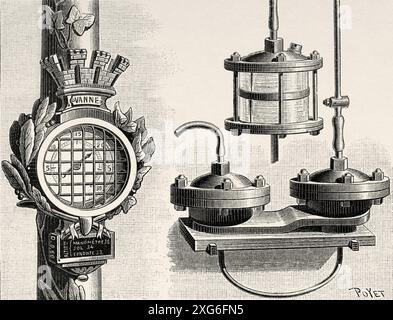 Manomètre permanent publié, placé sur des jets de gaz, à Paris, pour faciliter la recherche de fuites et le contrôle des opérations de distribution d’eau. Ancienne illustration gravée du XIXe siècle de la nature 1886 Banque D'Images