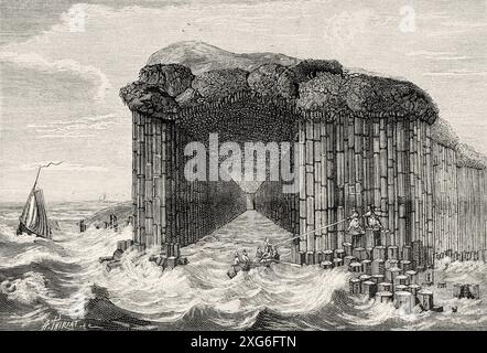 Grotte de Fingal sur l'île de Staffa, Hébrides. Écosse. Ancienne illustration gravée du XIXe siècle de la nature 1886 Banque D'Images