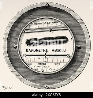 Ancien modèle du baromètre absolu par Hans et Hermary. Ancienne illustration gravée du XIXe siècle de la nature 1886 Banque D'Images