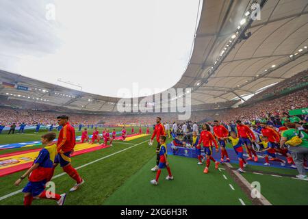 Stuttgart, Allemagne. 05 juillet 2024. firo : 05.07.2024, Football, Football : UEFA EURO 2024, EM, Championnat d'Europe 2024, quarts de finale 1/4 finale, M45, match 45, ESP, Espagne - GER, Allemagne TEM of Spain marche dans le stade de Stuttgart Einmarsch Team Spain dans le stade crédit : dpa/Alamy Live News Banque D'Images