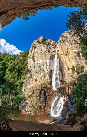 CORSE DU SUD, ÎLE DE BEAUTÉ, PARC NATUREL RÉGIONAL DE CORSE, ZONZA, MASSIF DE L'ALTA ROCCA, FORÊT D'OSPEDALE, LA CASCADE DE PISCIA DI GALLU EST LE MOS Banque D'Images