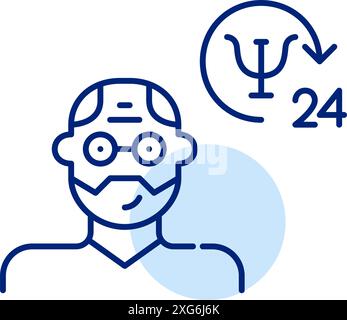 Homme plus âgé et symbole de psychothérapie de 24 heures. Santé mentale et bien-être des seniors. Icône de contour pixel Perfect, modifiable Illustration de Vecteur