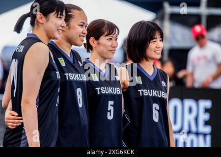 Edmonton, Canada. 05 juillet 2024. Tsukaba ML pose pour une photo d'équipe lors du match d'arrêt du FIBA 3x3WS Tour entre Dallas 3xB et Tsukaba ML au quartier des glaces d'Edmonton. Scores finaux ; Dallas 3xB 21:12 Tsukaba ML. (Photo de Ron Palmer/SOPA images/SIPA USA) crédit : SIPA USA/Alamy Live News Banque D'Images