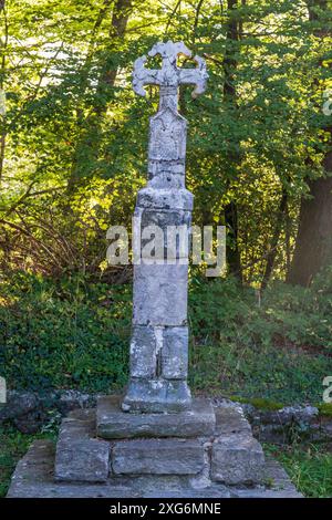 Croix de pèlerins à la sortie de Roncevaux, XIVe siècle, route de Santiago, Navarre, Espagne. Banque D'Images