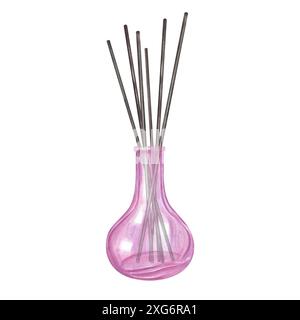 Diffuseur rose avec bâtonnets de roseau noirs parfumés. Vaporisez un flacon transparent avec de l'huile essentielle de parfum biologique. Aromathérapie pour la maison, se détendre. Banque D'Images