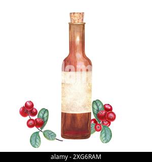 Bouteille de vin aux canneberges. Bouteille flanquée de cowberries rouges éclatantes et de feuilles vertes. Idéal pour décor d'automne, ambiance chaleureuse. Banque D'Images