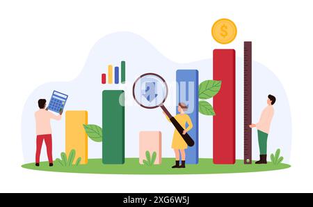 Revue financière, prévision économique de l'échec et de la crise par l'analyste. Les minuscules personnes avec loupe analysent les statistiques des ventes et des profits, mesurent les progrès avec l'illustration vectorielle de dessin animé de règle Illustration de Vecteur