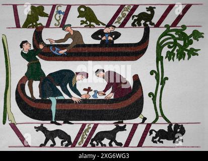 Gravure de la tapisserie de Bayeux. Le duc Wiliam de Normandie ordonne la construction de navires. Arboriculteurs au travail. xie siècle. Banque D'Images