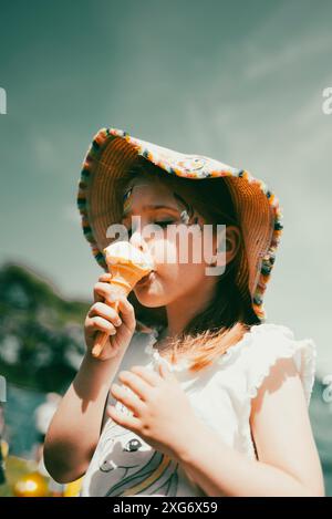 Fille enfant avec peinture pour le visage et chapeau d'été, mangeant un cône de crème glacée, rêveur, cinématographique. Banque D'Images