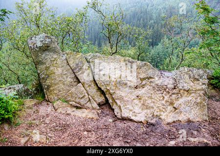 Point de vue naturel connu sous le nom de Napoléon nez avec d'énormes pierres sur le bord de la montagne, vallée de Warche en fond brumeux et flou, montagne couverte de gre Banque D'Images