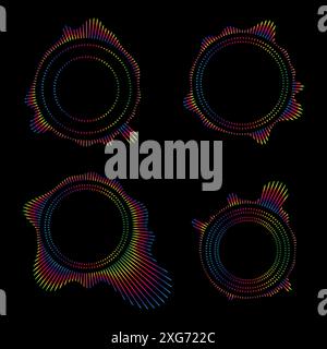 Égaliseurs de musique et ondes sonores. Ensemble vectoriel de courbes radiales spectre d'oscillations d'ondes radio. Onde sonore néon multicolore de cercles audio Illustration de Vecteur