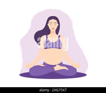 Femme enceinte souriante assise dans la posture du lotus. Méditer la femme enceinte pratiquant le yoga périnatal. Concept de grossesse saine Illustration de Vecteur