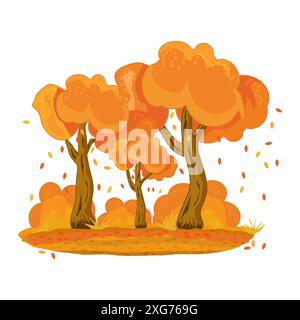 Arbres d'automne avec arbustes. Arbres et feuilles tombantes dans des tons orange. Jardin doré de saison automnale ou arbre forestier d'automne. Météo automnale et nature. Vecteur Illustration de Vecteur