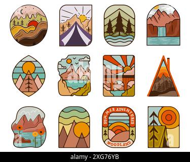 Jeu de badges aventure en plein air. Étiquettes d'aventure de camping dans un style rétro. Logo Mountain graphismes vintage pour t-shirt. Illustration vectorielle de stock Illustration de Vecteur