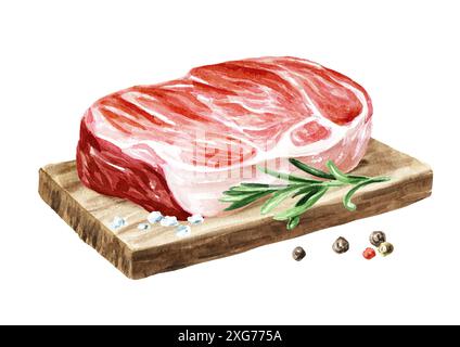 Steak de bœuf cru, concept alimentaire. Illustration d'aquarelle dessinée à la main, isolée sur fond blanc Banque D'Images