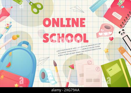 École en ligne, retour à l'école. Modèle, bannière d'affiche. Sac à dos de dessin animé et papeterie scolaire. Vecteur Illustration de Vecteur