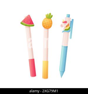 Stylos pour enfants, papeterie pour l'école, avec licorne, pastèque et ananas. Illustration de dessin animé isolée. vecteur Illustration de Vecteur