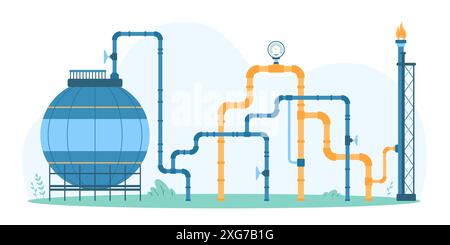 Concept de l'industrie du gaz comprenant des tuyaux interconnectés, un réservoir de stockage et une torche, illustrant l'infrastructure de production de gaz et illustration vectorielle de traitement. Illustration de Vecteur