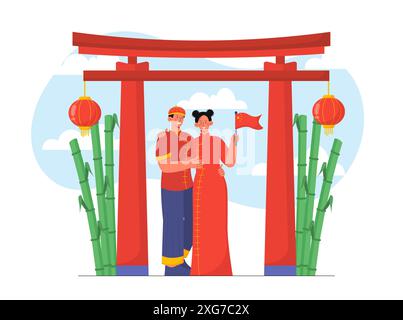 Concept de couple chinois. Homme et femme portant des vêtements traditionnels chinois rouges à côté du bâtiment. Culture asiatique, ethnicité et architecture. Dessin animé Illustration de Vecteur