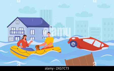 Les gens en crue. Homme et femme avec chien flottant sur bateau gonflable près des maisons et des voitures. Personnes en situation d'urgence. Tsunami et tornade Illustration de Vecteur