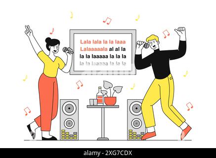 Les gens en karaoké. Un homme et une femme chantent à côté de la diapositive avec du texte. Repos et loisirs. Fête et événement, performance musicale. Chanteurs à la fête. Vecteur linéaire Illustration de Vecteur