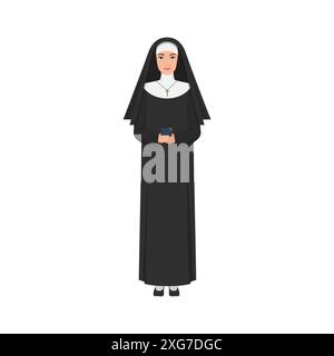 Nonne debout avec livre biblique et souriant, femme en illustration vectorielle de costume noir et blanc Illustration de Vecteur
