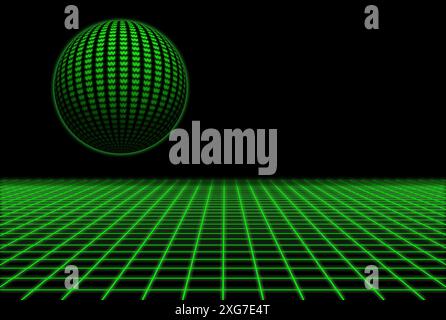 Grille 3D des années 80 avec une sphère planante au-dessus cartographiée avec des symboles gagnés. Banque D'Images