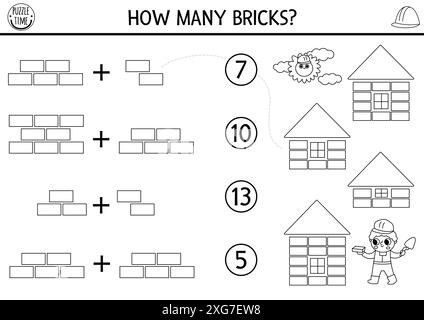 Faites correspondre les numéros noir et blanc jeu de chantier de construction avec le constructeur et les bâtiments. Activité mathématique pour les enfants avec travailleur. Outil pédagogique de comptage Illustration de Vecteur