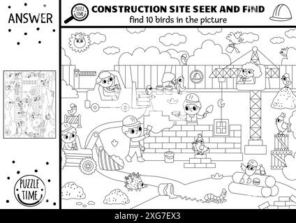 Vecteur noir et blanc jeu de recherche de site de construction avec paysage de travaux de construction. Repérez les oiseaux cachés. Simple chercher et trouver pédagogique imprimable a Illustration de Vecteur