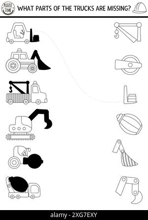 Ombre noire et blanche du chantier de construction correspondant à l'activité de camion, bulldozer, excavatrice et pièces manquantes. Match silhouette jeu, worksh imprimable Illustration de Vecteur