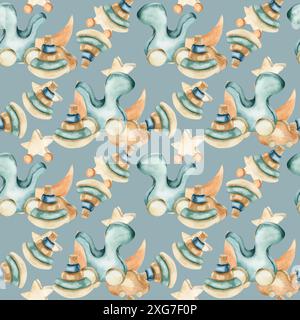 Motif d'enfant de jouets en bois d'aquarelle avec Dino vert, pyramide en bois et fond sans couture de lune sur gris vert. Motif de style boho pour enfants pour le texte Banque D'Images