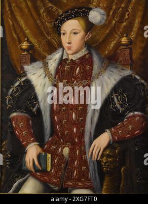 Portrait d'Édouard VI d'Angleterre, assis, vêtu d'une robe doublée de fourrure (hermine ou lynx) sur un doublet cramoisi avec le collier de l'ordre de la Jarretière et tenant une Bible. Banque D'Images