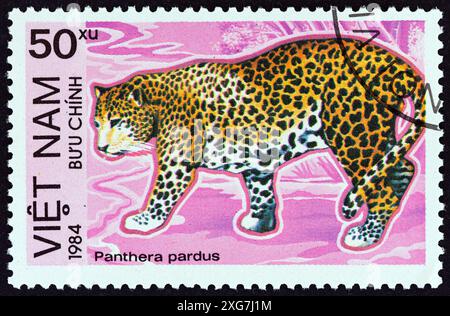 VIETNAM - VERS 1984 : un timbre imprimé au Vietnam à partir de l'émission "animaux protégés" montre léopard (Panthera pardus) Banque D'Images