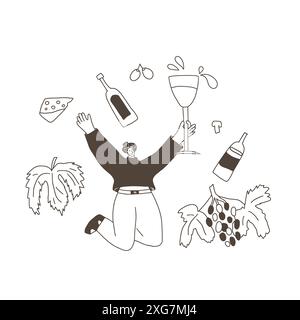 Emblème de la fête du vin. Caractère mignon avec verre de vin, bouteilles et vignes. Illustration de collection de doodle dessinée à la main vectorielle isolée sur backgr blanc Illustration de Vecteur