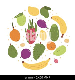 Emblème rond de fruits tropicaux isolé sur fond blanc. Ensemble de dessert sucré exotique vecteur dessiné à la main illustration de collection plate. Illustration de Vecteur
