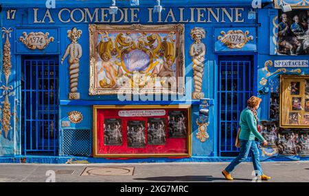 FRANCE. PARIS (75) (14E ARRONDISSEMENT) DANS LE QUARTIER MONTPARNASSE, LA COMÉDIE ITALIENNE, RUE GAITE, EST LE SEUL THÉÂTRE ITALIEN DE FRANCE. Banque D'Images